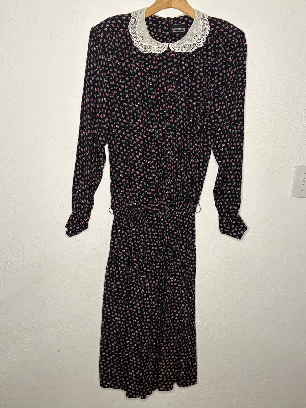 Vtg Carole Little Saint Tropez West Dress Lace Collar Black Floral Cottagecore